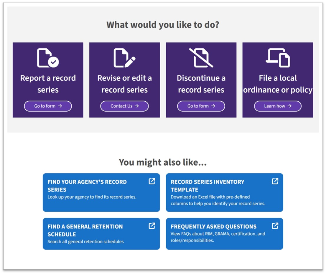 Dashboard for managing, reporting, and finding record series and retention schedules.