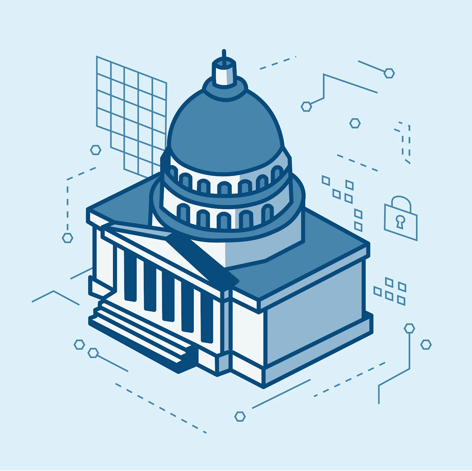 Illustration of a government building with digital security and data icons surrounding it. Image represents Privacy for Government.