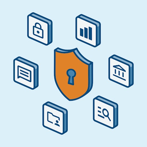 Orange security shield surrounded by six icons representing data, lock, search, and files.