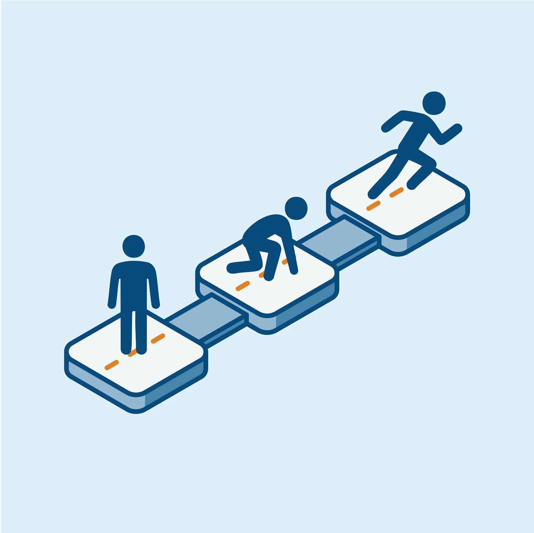 Three figures on platforms showing progress: standing, ready to run, and running.