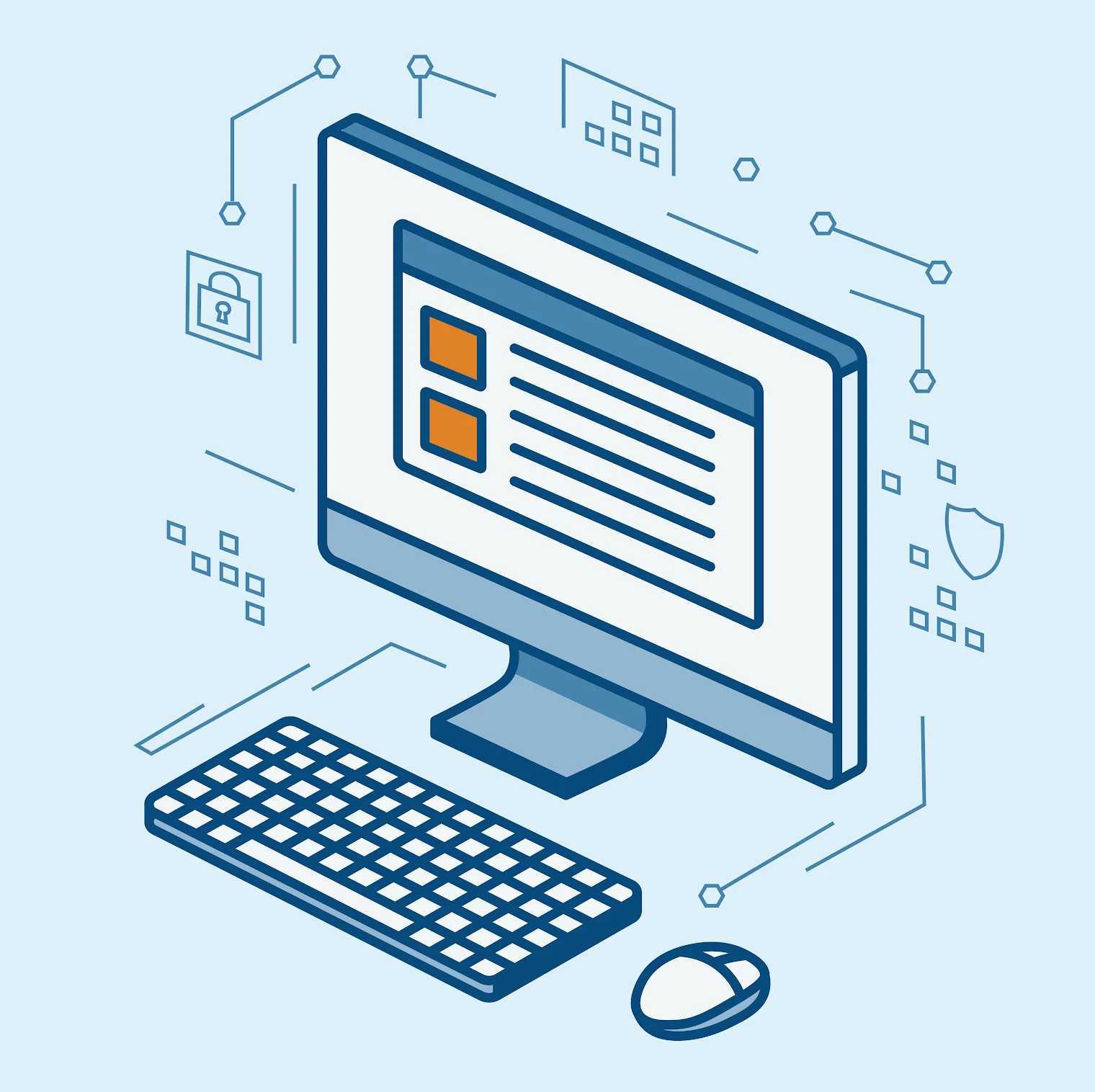 Isometric illustration of a computer, keyboard, and mouse with digital security icons. Image represents Tools and Resources.