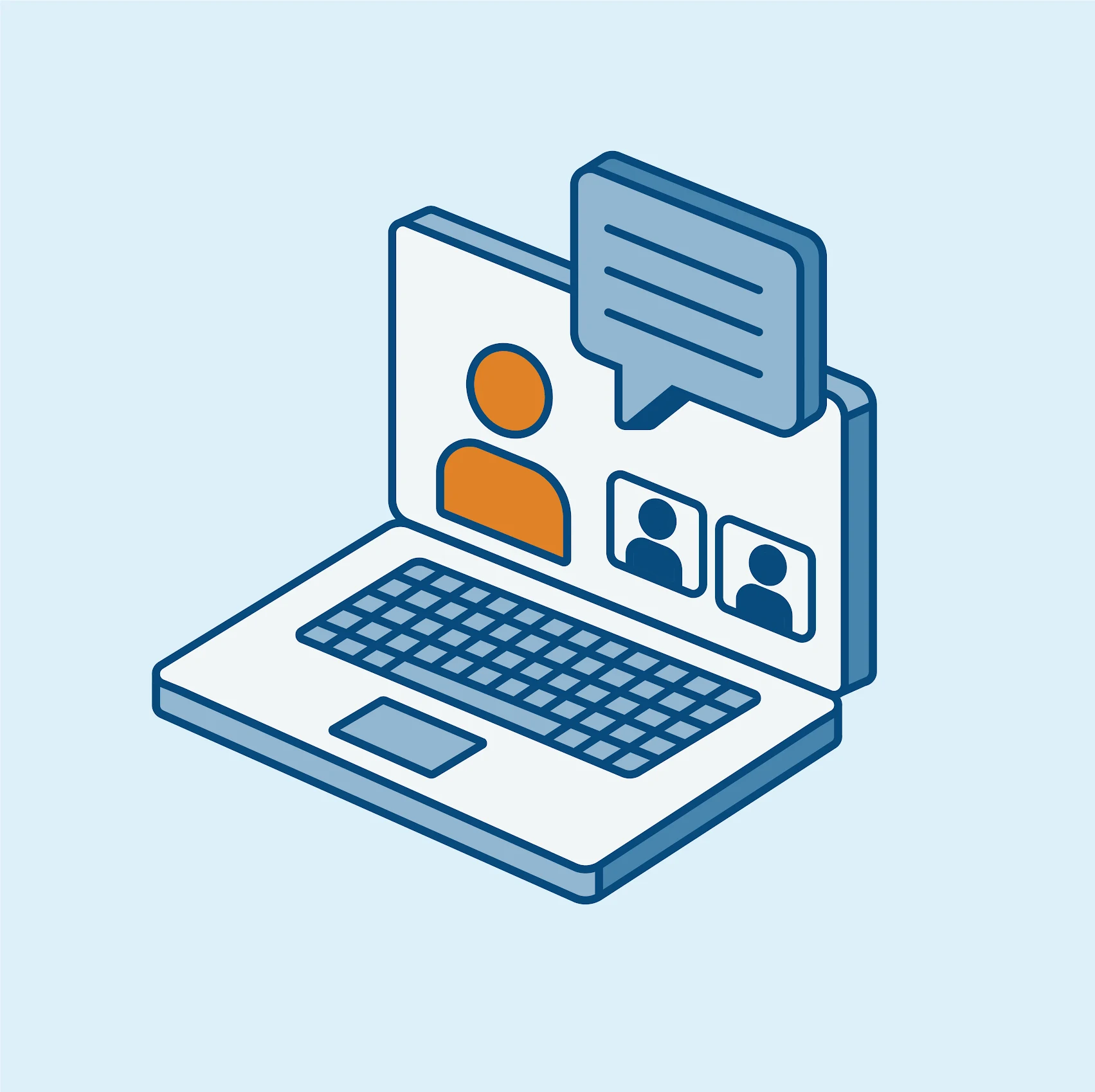Illustration of a laptop showing a video call with three people and a chat bubble.